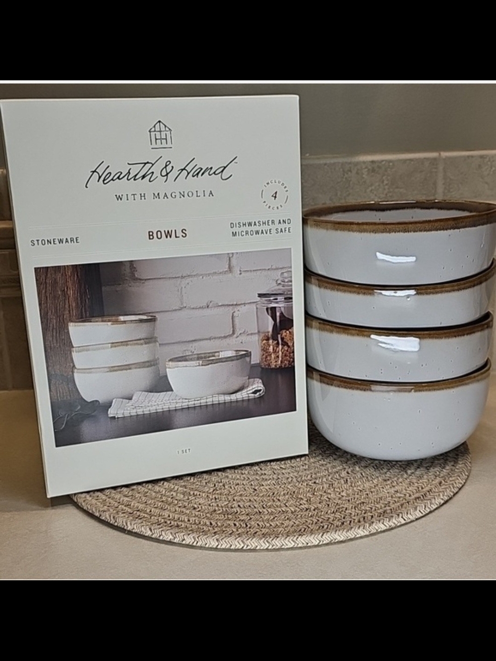 Hearth & Hand with Magnolia Stoneware Bowls - White with Brown Rim (Set) NIB